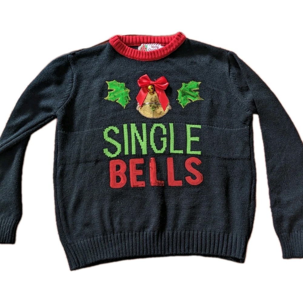 New Year's Christmas Single Bells Black Sweater 24" Pit2Pit Free Shipping Size L